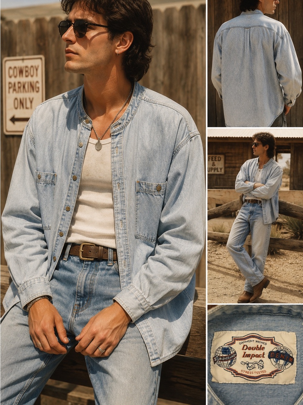 Vintage 90s Double Impact Denim Bleach Wash Band Collar Shirt L